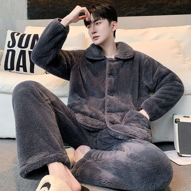 【蓄热保暖】雪花绒秋冬家居服睡衣套装可外穿男加绒加厚法兰绒