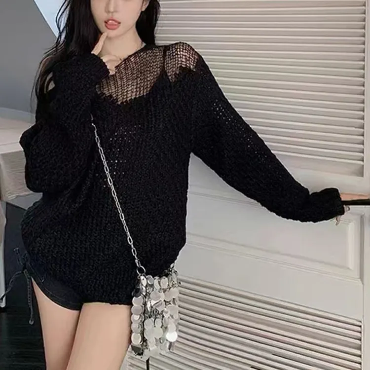 小众镂空长袖短袖针织衫秋季宽松性感纯欲风气质中长款轻性感