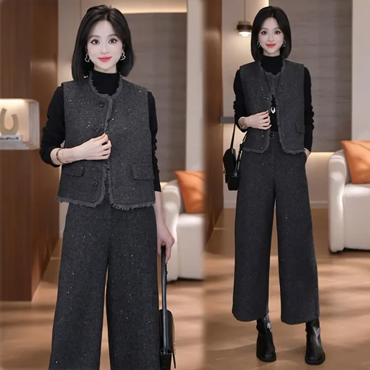 时尚套装女2025秋季新款洋气小香风马甲打底衫阔腿裤减龄三件套潮