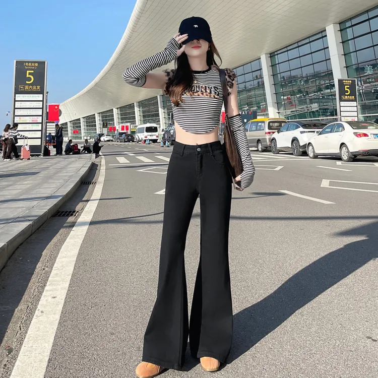 美式水洗微喇阔腿牛仔裤低腰大码胖mm经典显瘦黑色百搭拖地休闲裤