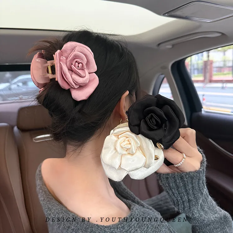 法式温柔玫瑰花朵抓夹女高级感后脑勺气质盘半扎发发夹鲨鱼夹发饰