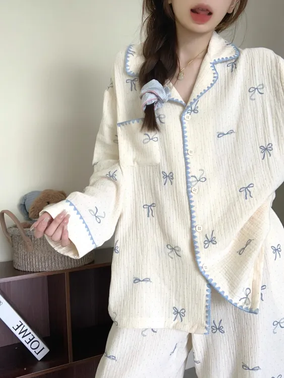 甜美蓝色拼接睡衣女2025新款温柔风蝴蝶结宽松长袖家居服春秋外穿