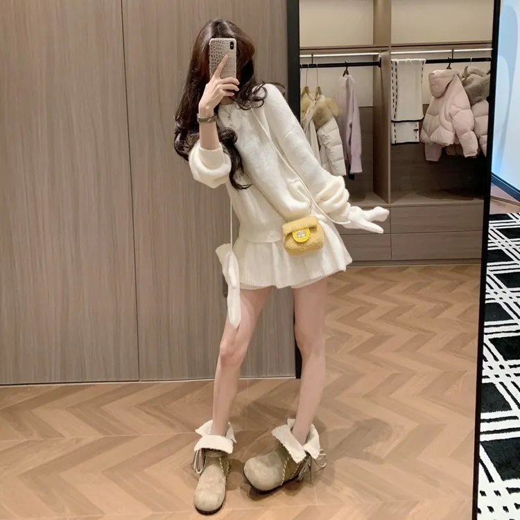 法式温柔白色针织套装裙子女秋冬季2025新款高级感穿搭一整套冬装