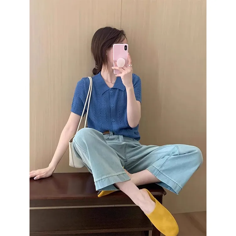 法式复古蓝色钩花Polo领冰丝短袖t恤女夏设计感小众针织镂空上衣