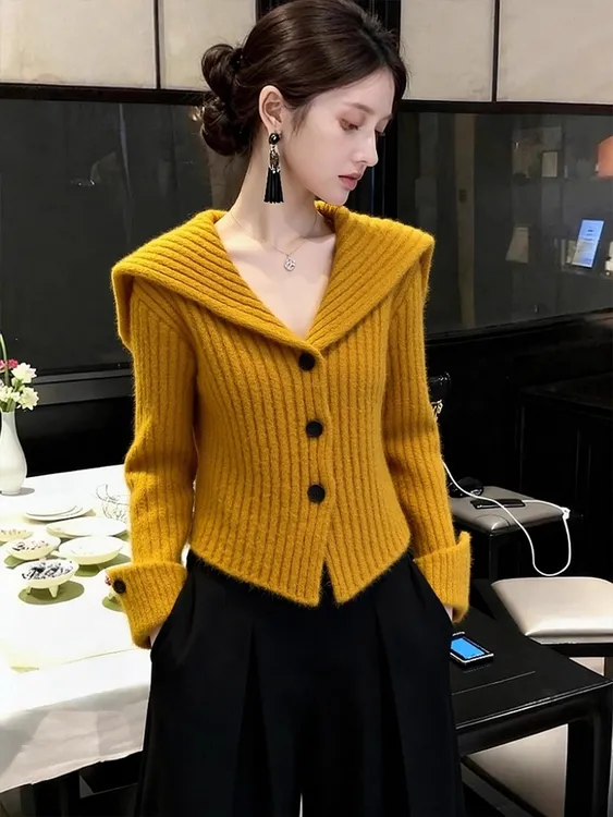 冬季时尚感大翻领针织毛衣女冬绝美巨好看时髦洋气高端小香风上衣