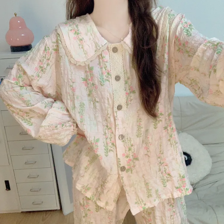 甜美小碎花睡衣女2025新款春秋季亲肤棉长袖长裤娃娃领家居服套装
