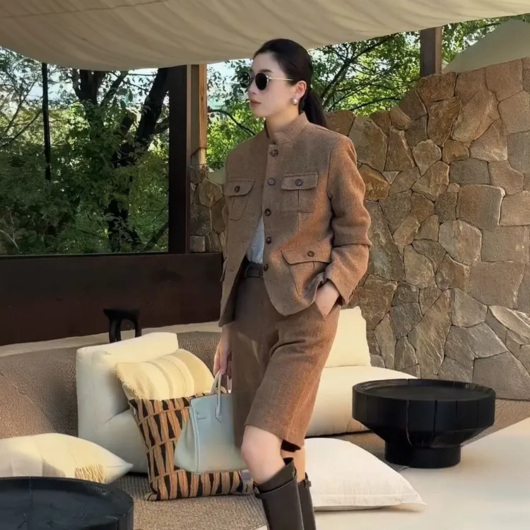 老钱风经典穿搭套装2025秋季新款休闲百搭款长袖外套五分裤两件套