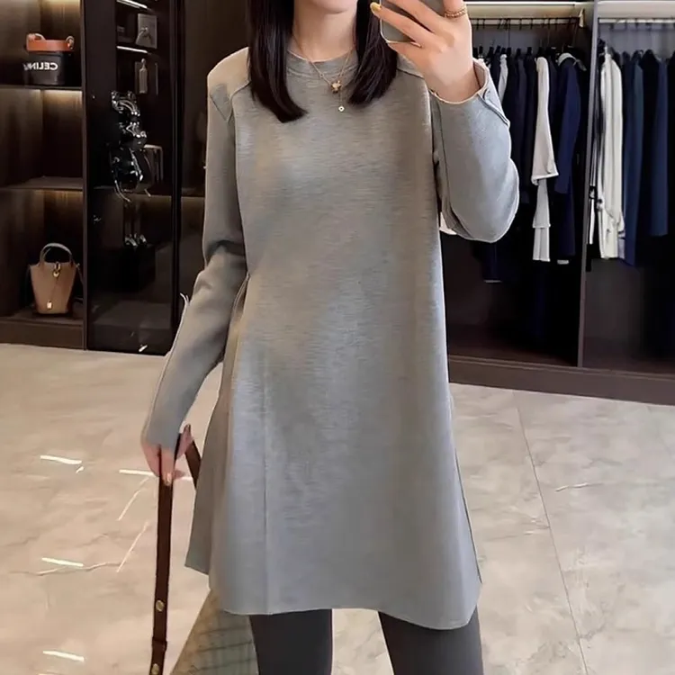 时尚简约侧开叉长袖T恤秋季新款胖MM大码女装收腰显瘦中长款上衣