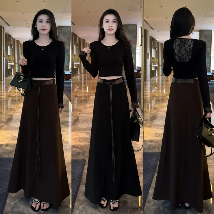 秋季气质百搭高腰显瘦半身裙+显瘦后背镂空蕾丝拼接短款上衣套装