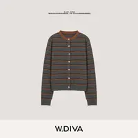 W.Diva【条纹纪事】撞色条纹圆领山羊绒羊毛开衫外套老钱53Z103085