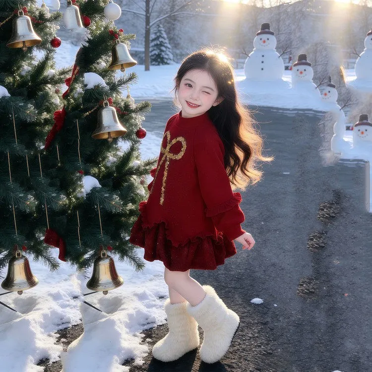 女童红色连衣裙2026冬季新款儿童洋气亮片蝴蝶结卫衣裙加绒公主裙