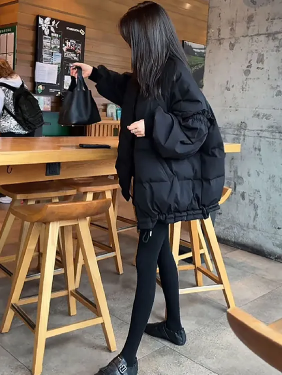 韩版时尚宽松泡泡袖羽绒服女冬季2025新款设计木耳边白鸭绒外套