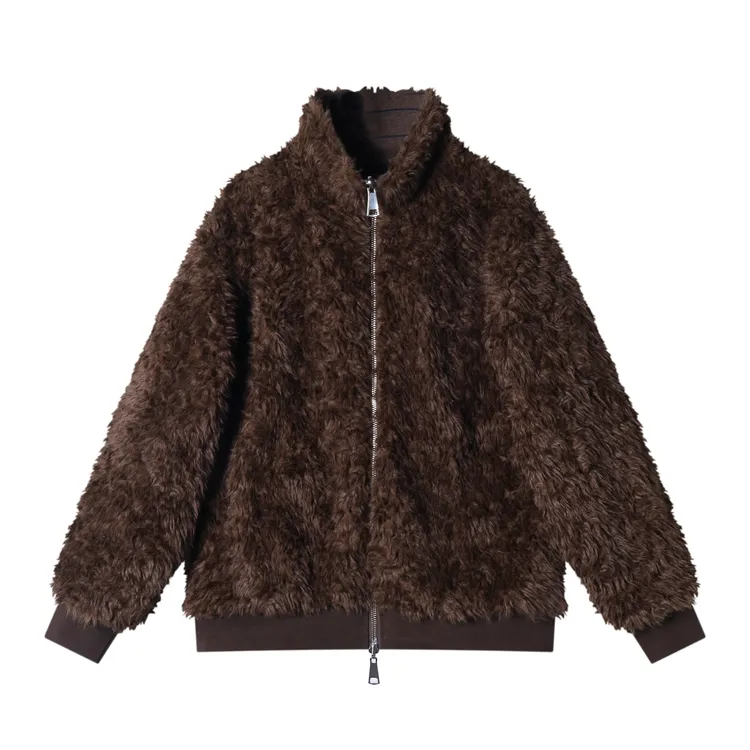 秋冬季新款时尚个性小众高级双面设计毛绒立领拉链开衫夹克百搭