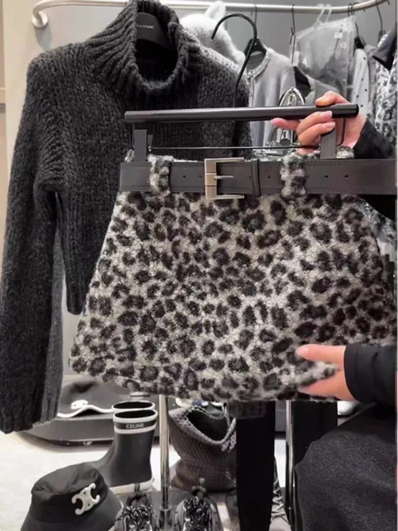 【中古小奶豹短裙附腰带】复古豹纹粗呢辣妹A字半身裙秋冬休闲裙子