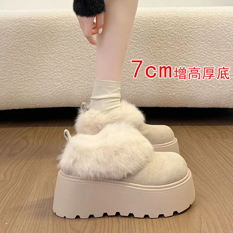厚底增高包头毛毛半拖鞋女外穿加绒勃肯鞋2025新款冬季一脚蹬棉鞋