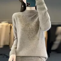 半高领针织女士树叶印花烫钻时尚加厚秋冬衫