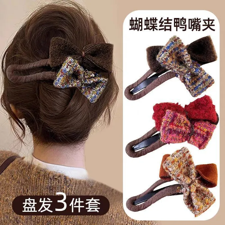 原创设计抓夹甜美拼色发夹可爱蝴蝶结顶夹焦糖色夹边夹法式