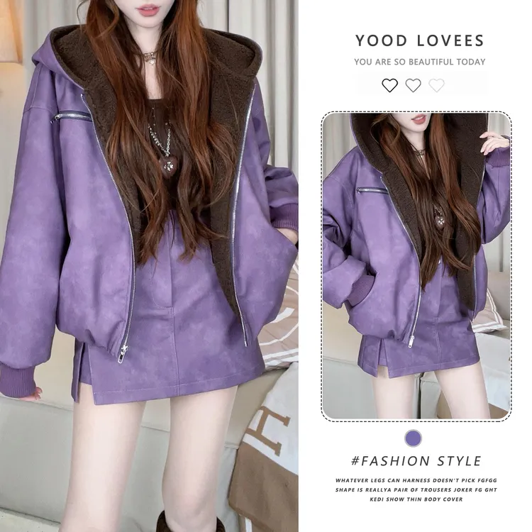 韩版复古时尚显白紫色套装女冬季加绒加厚皮衣外套高腰短裙两件套