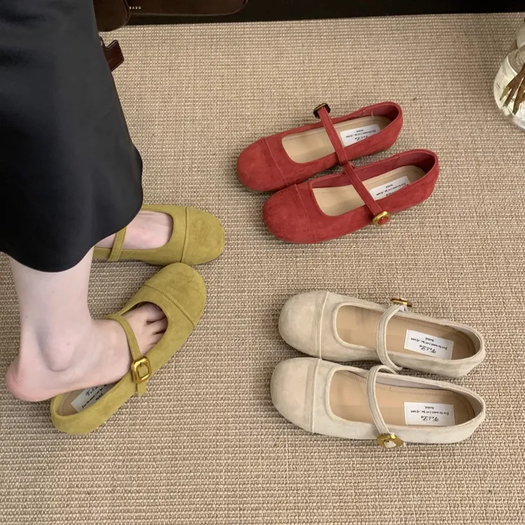 浅口红色单鞋女春秋新款法式复古温柔仙女绒面玛丽珍鞋平底豆豆鞋