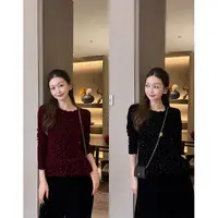 W·HAHA【港岛周末】显瘦波点蕾丝花边长袖丝绒打底上衣61305