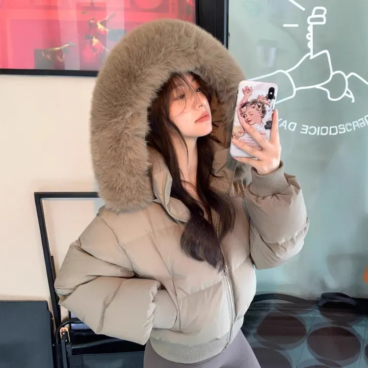冬季新款90白鸭绒韩版大毛领女短款肯豆高腰显瘦小个子外套