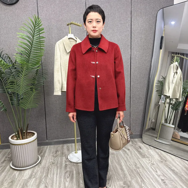 妈妈装秋装双面呢短款翻领磁吸扣毛呢大衣外套