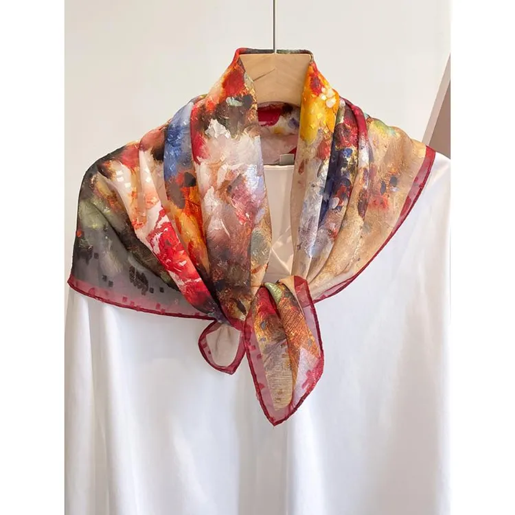 覆古红花油画小方巾杭州春秋季女式丝巾披肩礼物妈妈70