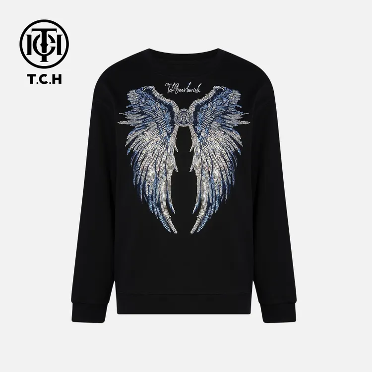 TCH私服烫钻工艺秋季经典翅膀宽松情侣款T恤T75C08E5035轻奢tch
