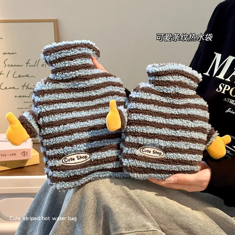 条纹毛绒热水袋加厚内胆安全防爆注水式大号暖手宝暖肚子暖被窝