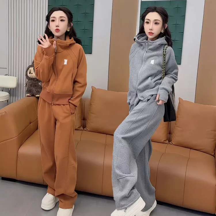 2025冬季新款休闲加厚加绒运动套装女宽松连帽卫衣卫裤保暖一整套