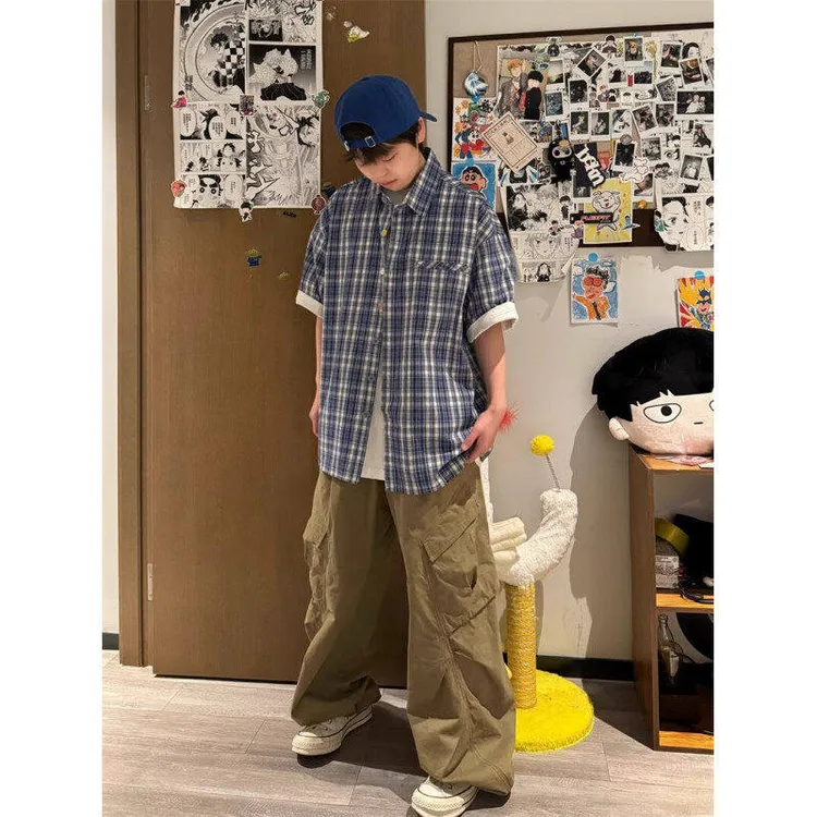 慵懒复古风纯棉半袖衬衫男款夏季格子撞色设计感小众休闲宽松衫衣