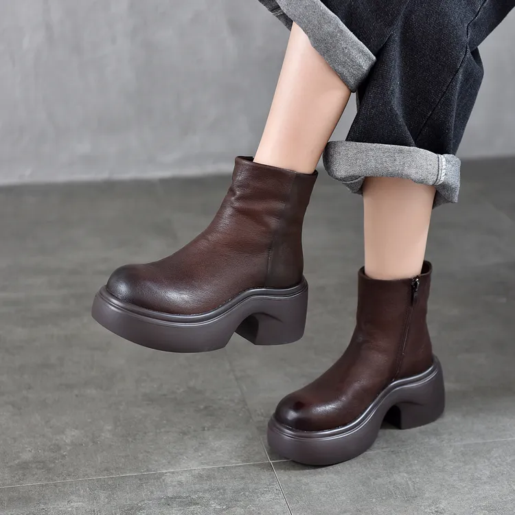 时尚百搭厚底粗跟瘦瘦靴加绒真皮侧拉链短靴女2025冬季新款牛皮棉
