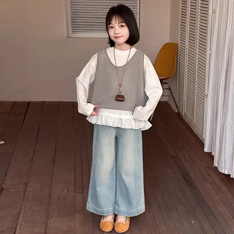 女童套装春秋季2025新款洋气花边打底衫春装韩版女孩牛仔裤三件套