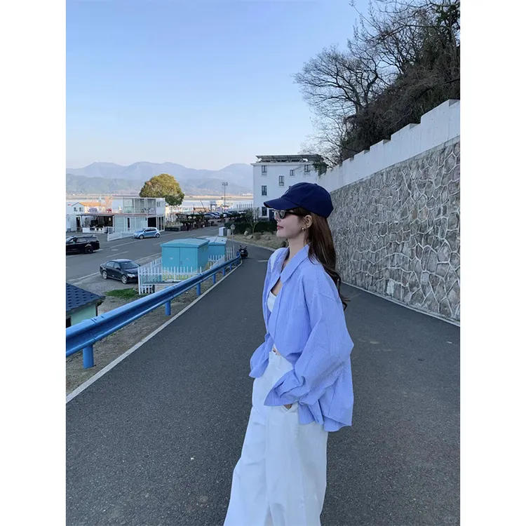 2025春夏新款时尚小众简约吊带背心防晒条纹长袖衬衫女高腰休闲裤