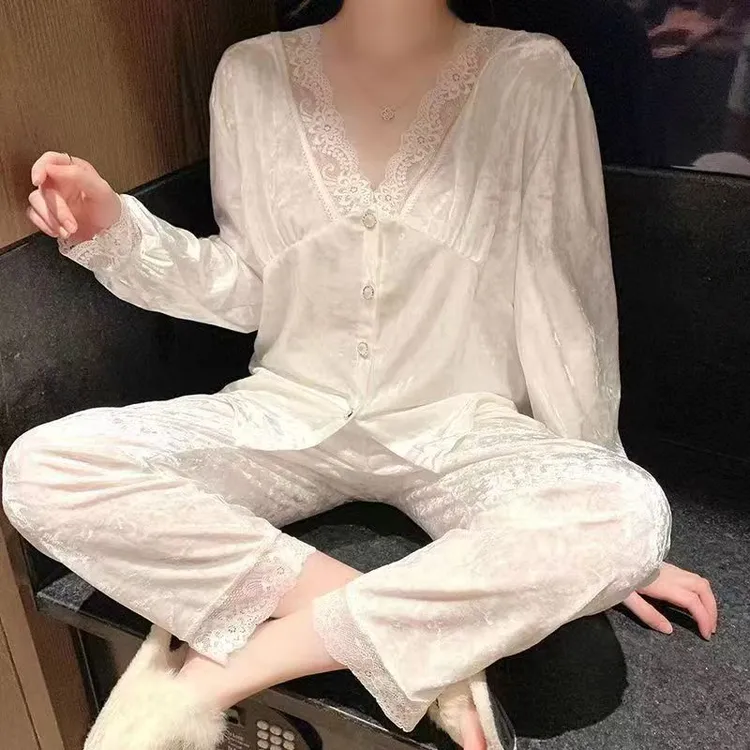爆款长裤长袖家居服套装蕾丝边睡衣法式宽松