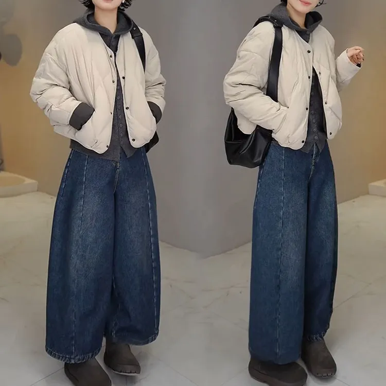 2025新款菱形格纹圆领棉服百搭牛仔裤两件套高级感气质减龄套装