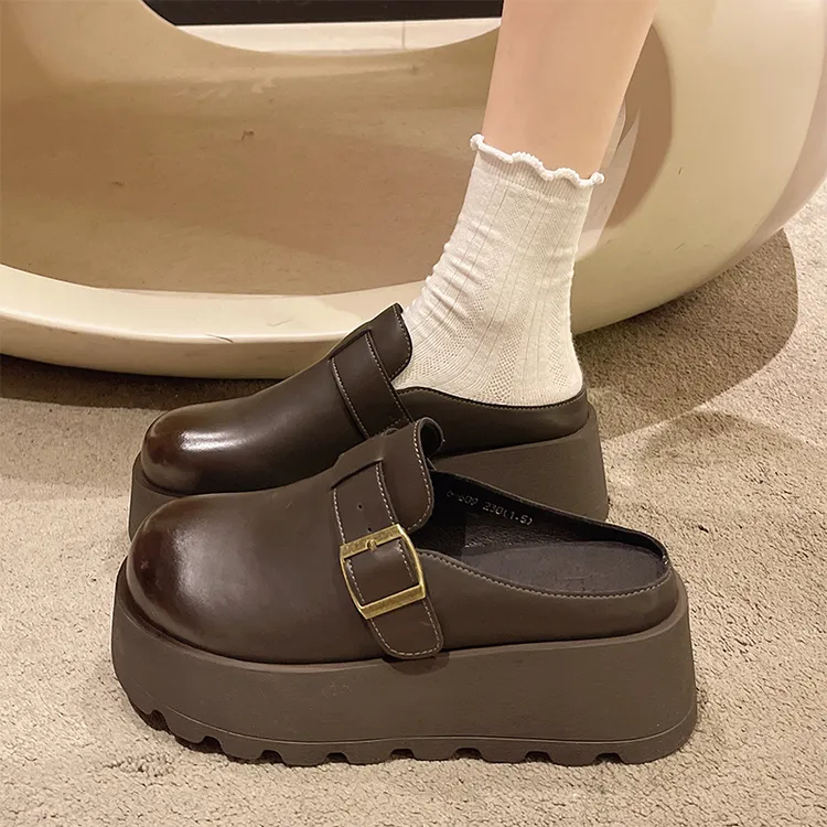 厚底包头半拖鞋女2025夏季新款复古增高小个子软皮黑色懒人勃肯鞋