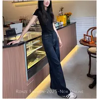 2025美式原牛阔腿牛仔裤女百搭极简风老钱丹宁色白色牛仔拖地裤
