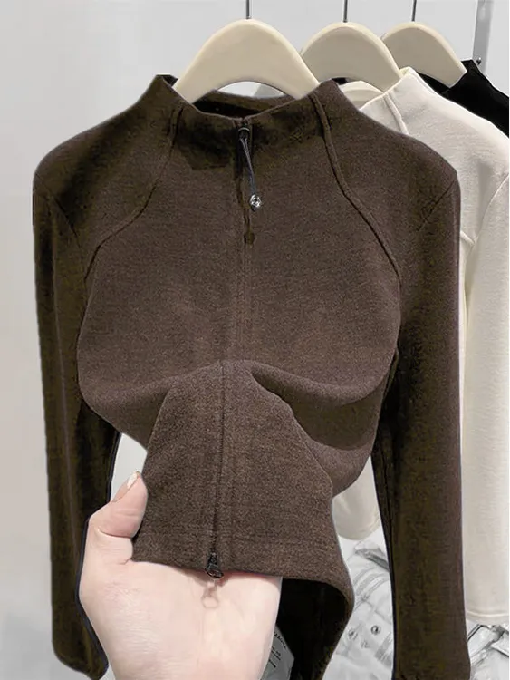 升级版~双拉链开衫半高领德绒秋冬打底衫女新款加厚外套修身卫衣
