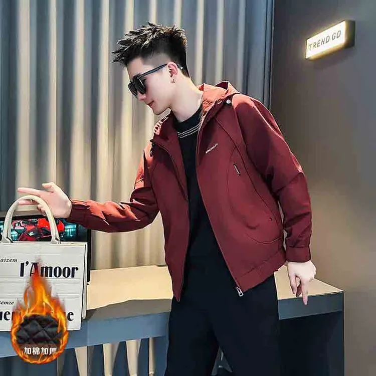 红色连帽外套男潮流痞帅男装上衣2025新款秋冬潮牌设计感休闲夹克