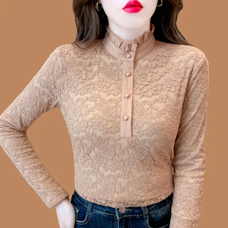 半高领蕾丝打底衫女秋冬可外穿大码加绒加厚洋气内搭保暖上衣胖mm