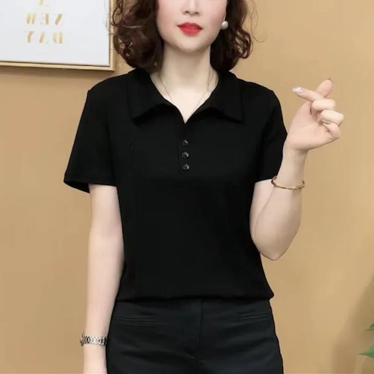 皮尔卡丹纯色翻领夏季双锁边刺绣标直筒版显瘦休闲减龄中年女短袖