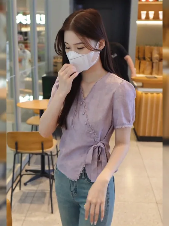 温柔风洋气紫色短袖衬衫女2025夏季新款收腰系带短款上衣气质女装