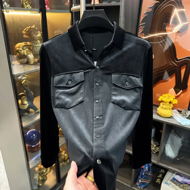 男士秋冬商务休闲长袖丝绒翻领修身保暖时尚衬衫