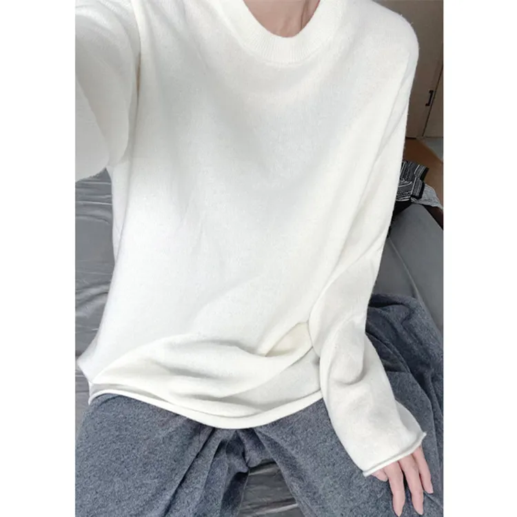 100%羊毛卷边圆领宽松廊型长袖阔版休闲慵懒风针织宽松毛衣