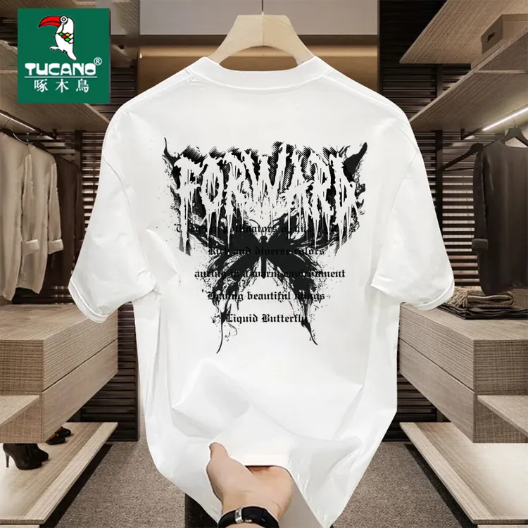 啄木鸟夏季新款纯棉短袖t恤男女潮流宽松圆领百搭印花全棉半袖in