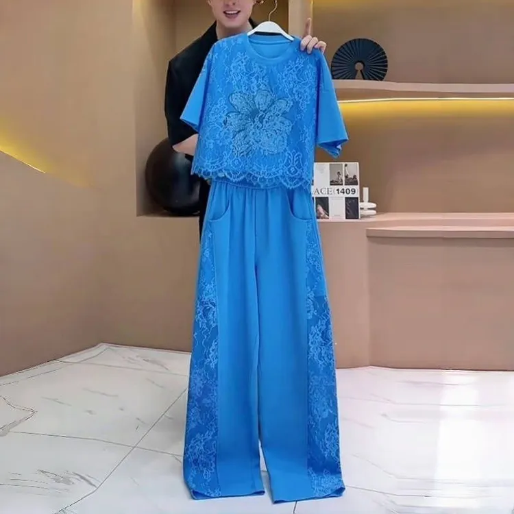 2025新款时尚洋气欧货蓝色运动套装女夏季蕾丝拼接短袖两件套