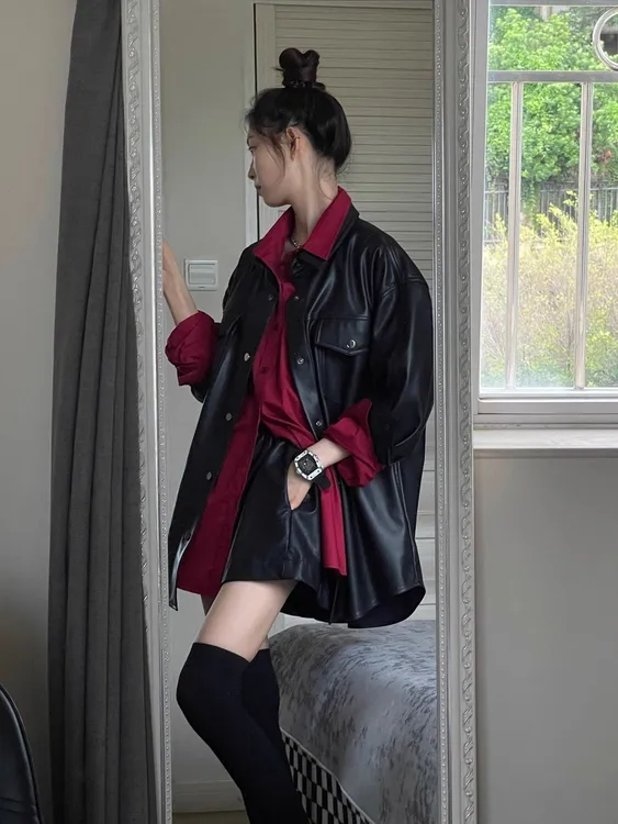 2025秋季新款美式黑色复古机车外套夹克简约酒红色衬衫套装女