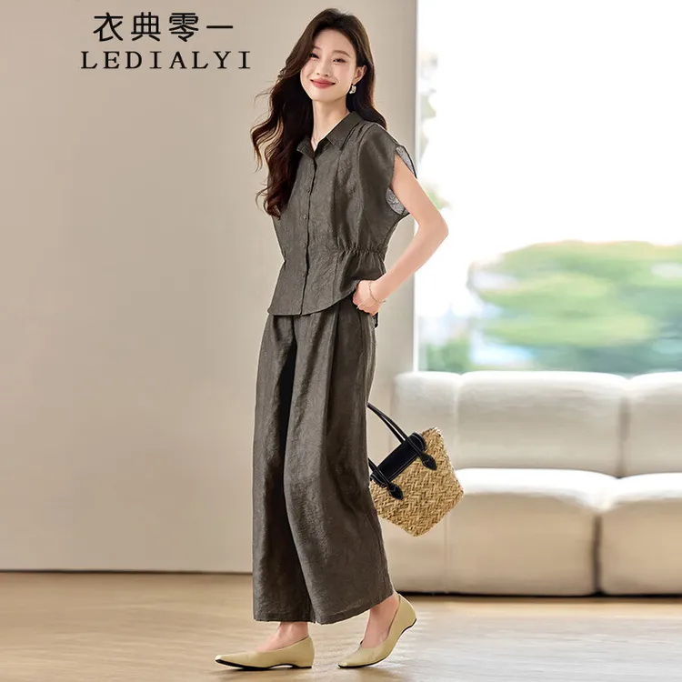 亚麻衬衫套装裤女2025夏季新款穿搭一整套休闲减龄阔腿裤两件套
