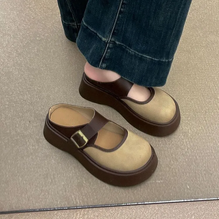 半包头小个子日系厚底拖鞋秋冬时尚女织新款外穿网红松糕复古2024